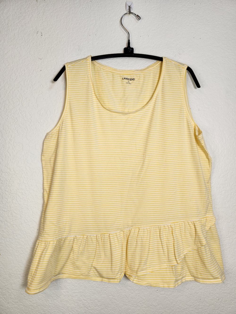 Lands' End Yellow and White Striped Ruffle-Hem Tank, Size L